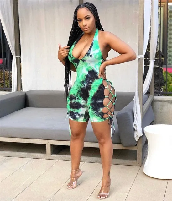 2020 Sexy Women Deep V-neck Jumpsuit Sleeveless Halter Backless Hollow Out Playsuit Rompers Sports Floral Print Lace-up Jumpsuit