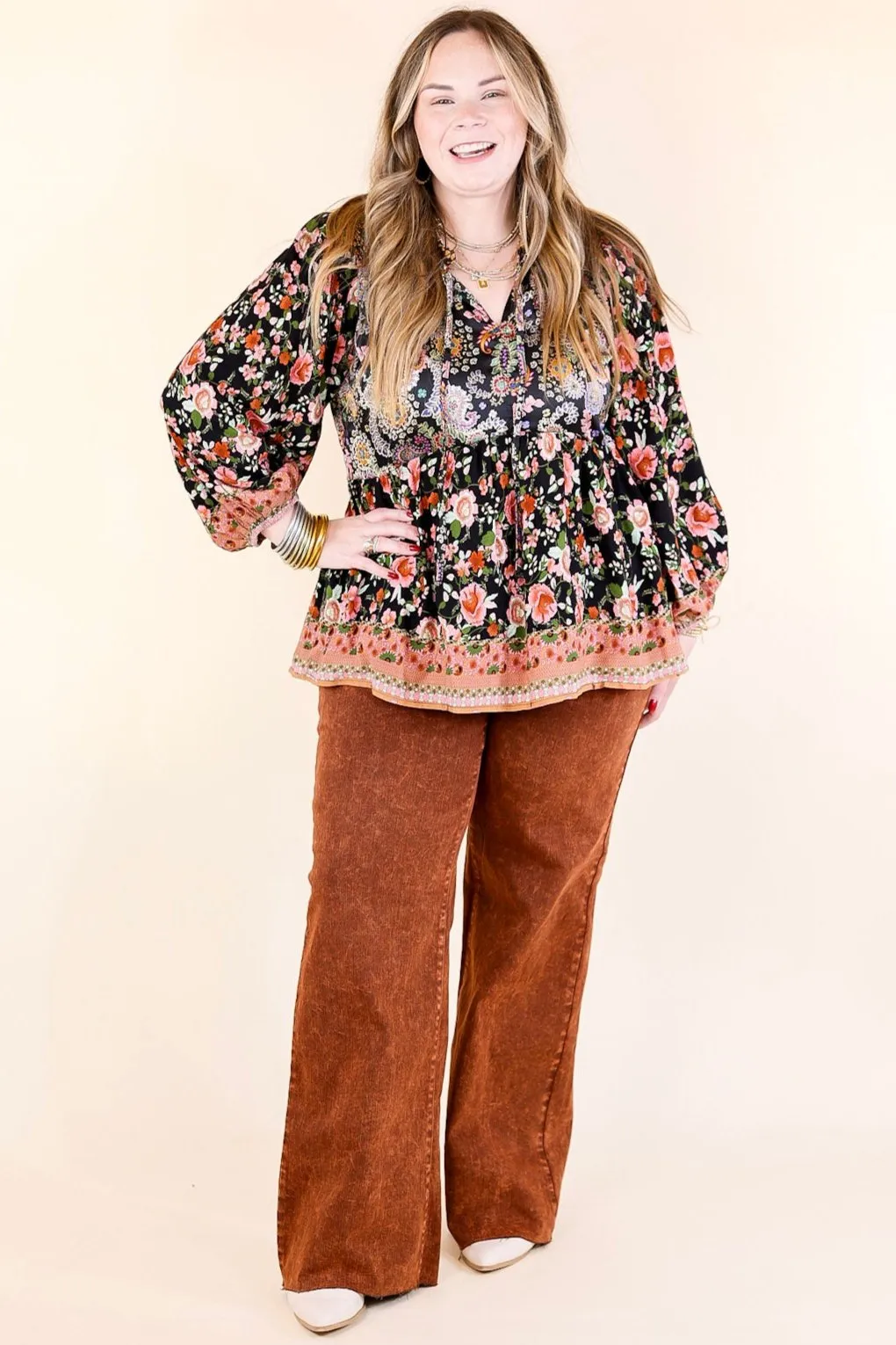 Floral Fusion Long Sleeve Floral Print Top in Black