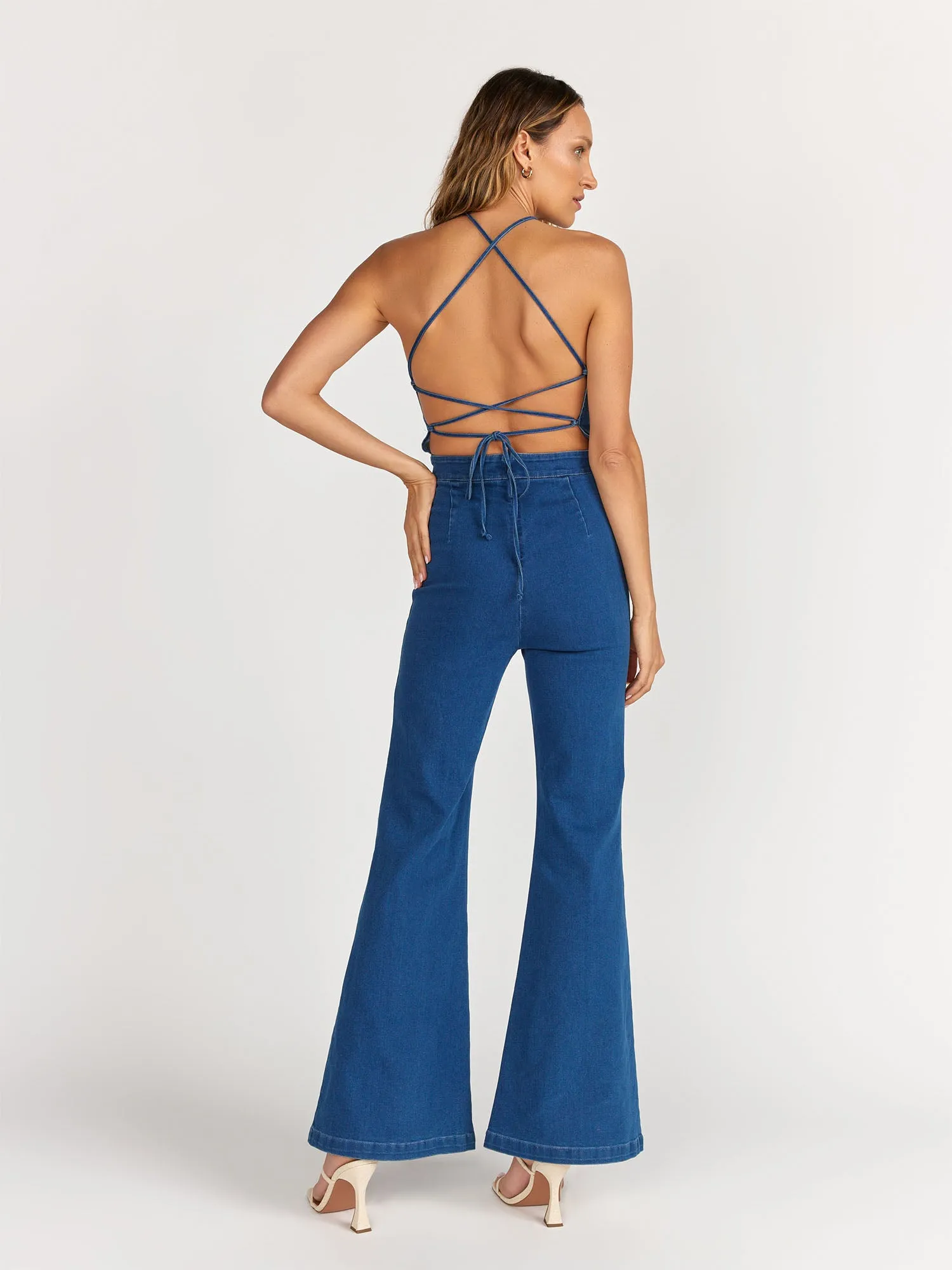 Flying Tomato High Neck Back Tie Denim Jumpsuit - Brands We Love