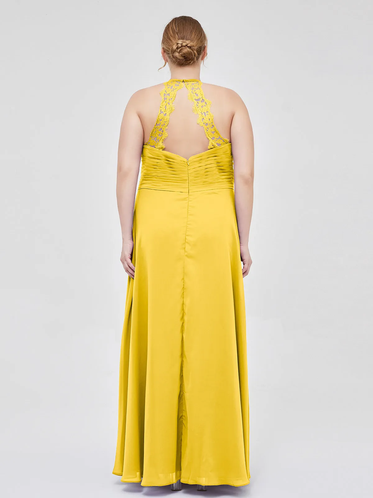 Halter Chiffon Long Gown With Lace Strap Marigold